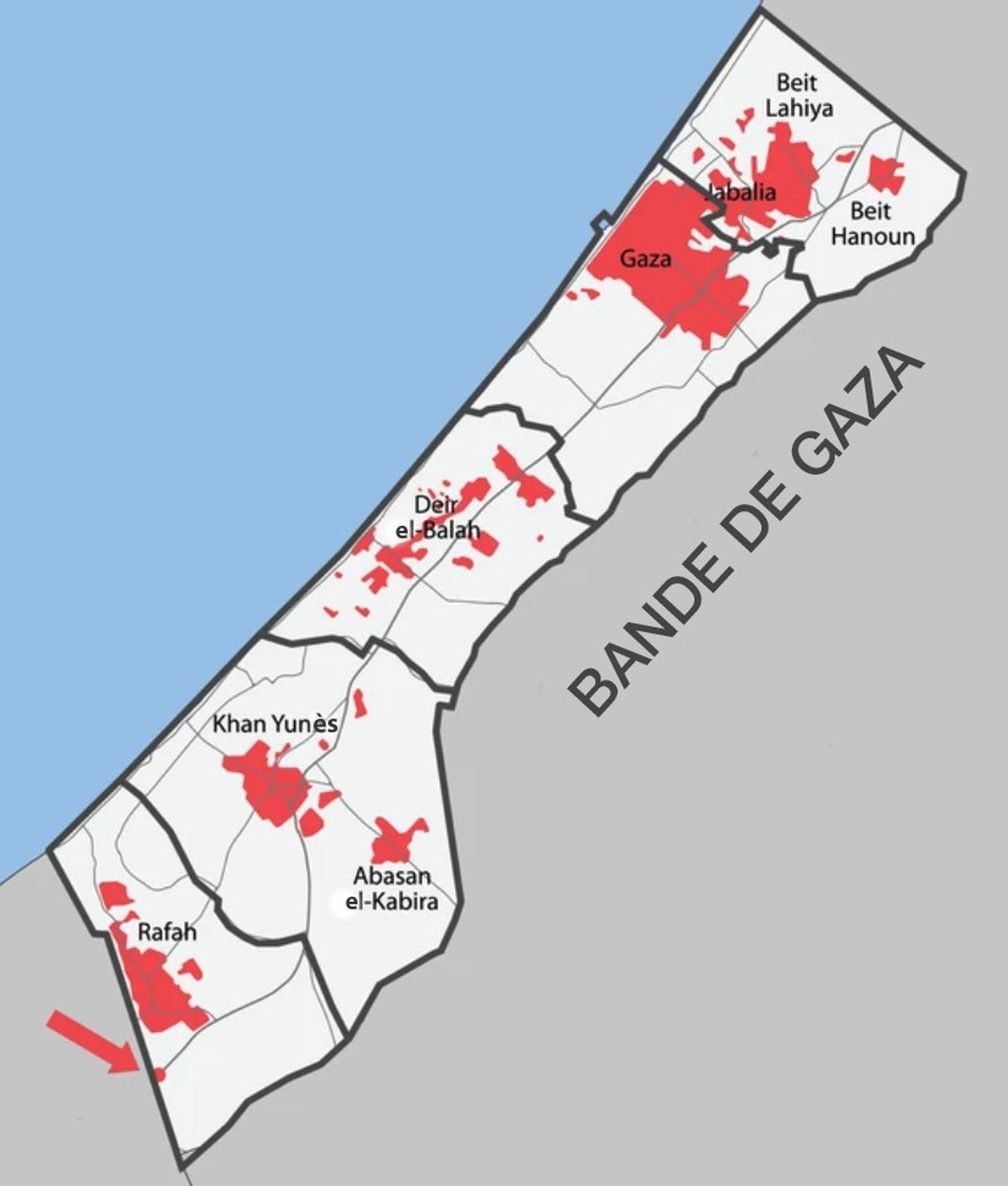 Rafah et le poste-frontière du même nom, se trouvent au sud-ouest de la bande de Gaza, qui est limitrophe de l'Egypte.