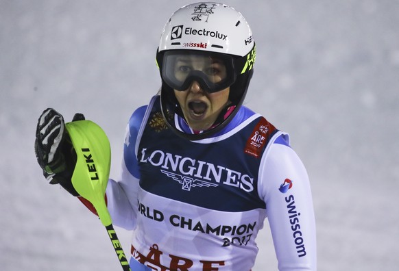 Switzerland&#039;s Wendy Holdener gets to the finish area after completing the slalom portion of the women&#039;s combined, at the alpine ski World Championships in Are, Sweden, Friday, Feb. 8, 2019.  ...