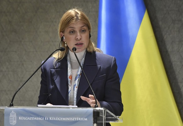 Ukrainian Deputy Prime Minister Olha Stefanishyna speaks during a joint press conference with Hungarian State Secretary of the Ministry of Foreign Affairs and Trade Levente Magyar after their talks in ...