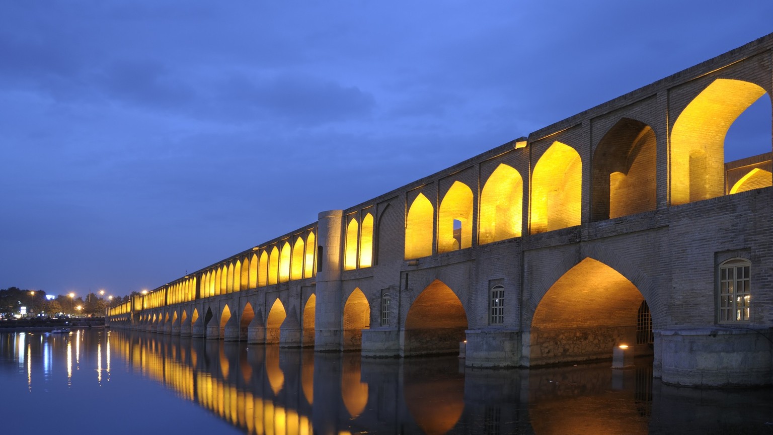 The Si-o-se Pol or the Bridge of 33 Arches, also called the Allah-Verdi Khan Bridge, is one of the eleven bridges of Isfahan, Iran. Built in 1602.