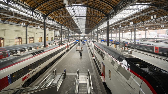 Zuege stehen im Bahnhof SBB in Basel, am 5. Dezember 2023. (KEYSTONE/Georgios Kefalas)