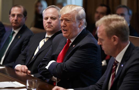 FILE - In this Jan. 2, 2019, file photo President Donald Trump speaks during a cabinet meeting at the White House, Wednesday, Jan. 2, 2019, in Washington, with from left, Secretary of Health and Human ...