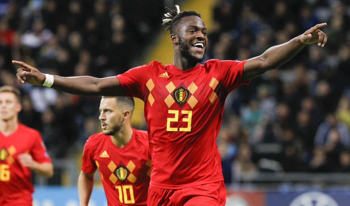Belgium's Michy Batshuayi celebrates after scoring the opening goal during the Euro 2020 group I qualifying soccer match between Kazakhstan and Belgium at the Astana Arena stadium in Nur-Sultan,  ...