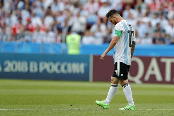 Argentina&#039;s Lionel Messi walks on the pitch during the round of 16 match between France and Argentina, at the 2018 soccer World Cup at the Kazan Arena in Kazan, Russia, Thursday, June 28, 2018. ( ...