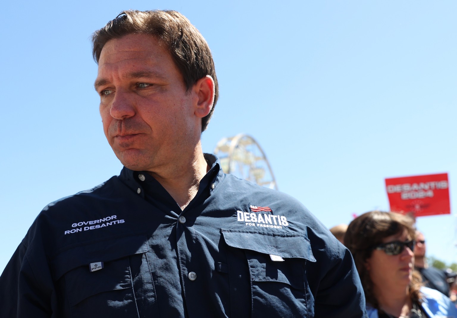 epa10798041 Ron DeSantis, Governor of Florida and presidential hopeful, attends the Iowa State Fair in Des Moines, Iowa, USA, 12 August 2023. DeSantis is campaigning ahead of the 2024 US presidential  ...