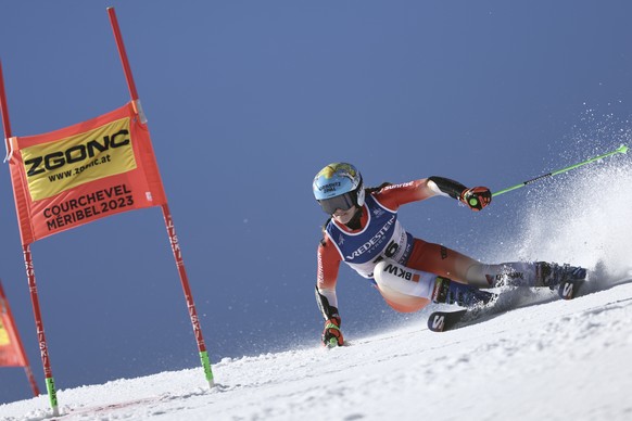 Switzerland&#039;s Camille Rast competes during the women&#039;s World Championship parallel, in Meribel, France, Wednesday Feb. 15, 2023. (AP Photo/Gabriele Facciotti)