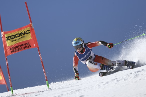Switzerland&#039;s Camille Rast competes during the women&#039;s World Championship parallel, in Meribel, France, Wednesday Feb. 15, 2023. (AP Photo/Gabriele Facciotti)