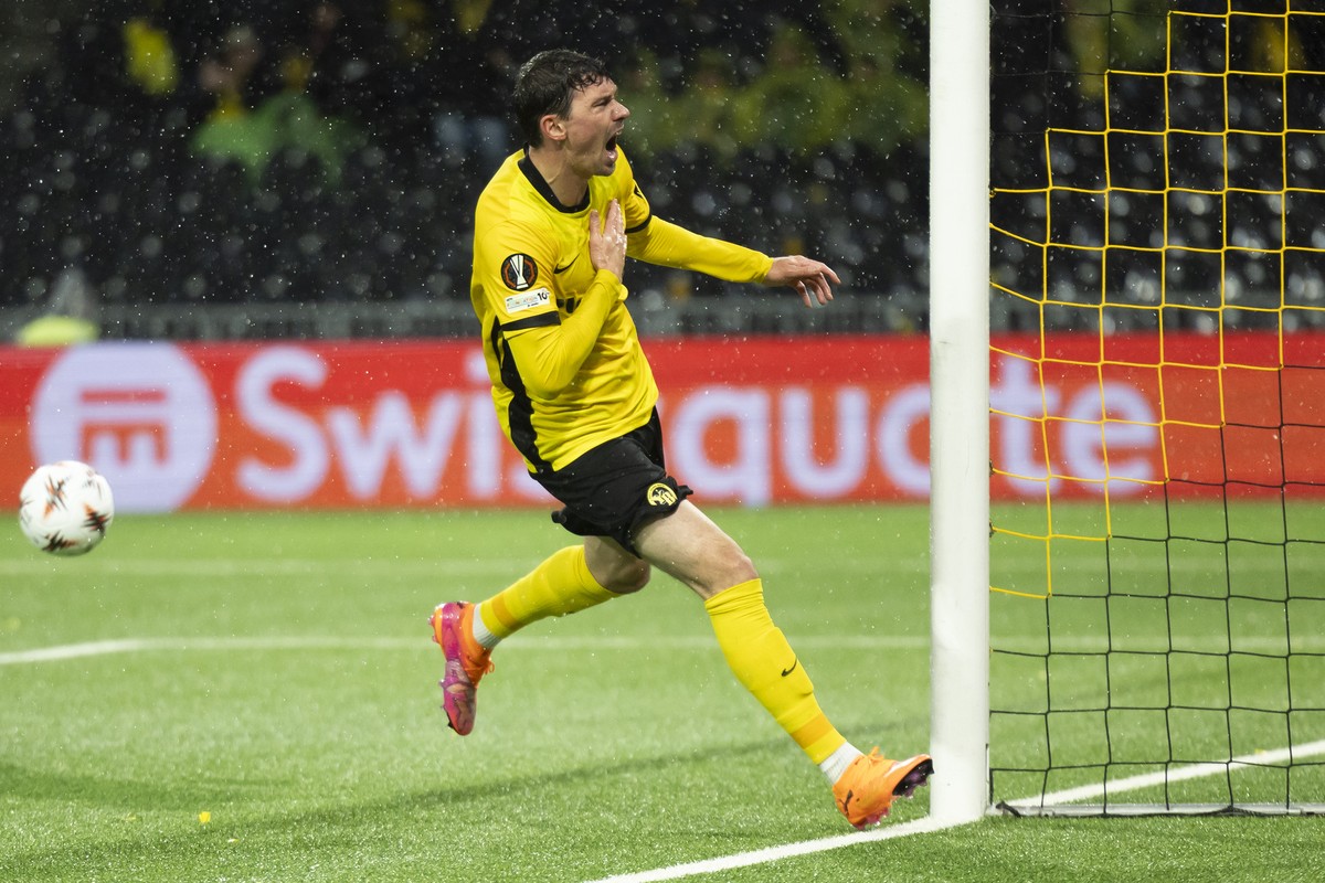 Christian Fassnacht (YB) celebrates after scoring his side's second goal during the Europa League league phase between Switzerland's BSC Young Boys match against Bulgaria's PFC Ludogore ...