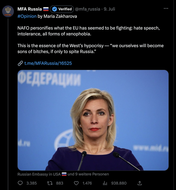 Keine Satire! Das russische Aussenministerium beklagte sich öffentlich über die Nafo. Sie verkörpere, was die Europäische Union (EU) zu bekämpfen scheine: «Hassreden, Intoleranz, alle Formen von Fremd ...