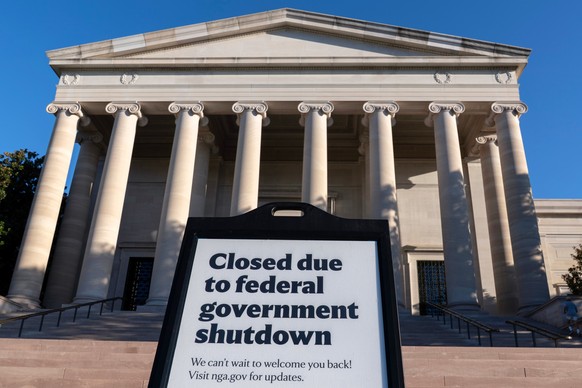 A sign that reads &quot;Closed due to federal government shutdown,&quot; is seen outside of the National Gallery of Art on the 6th day of the government shutdown, in Washington, Monday, Oct. 6, 2025.  ...