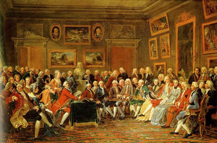 Dieses Gemälde von Anicet Charles Gabriel Lemonnier (1743–1824) zeigt eine Szene im literarischen Salon von Madame Geoffrin (sitzend rechts, dem Betrachter zugewendet). Lekain, ein Schauspieler (in de ...