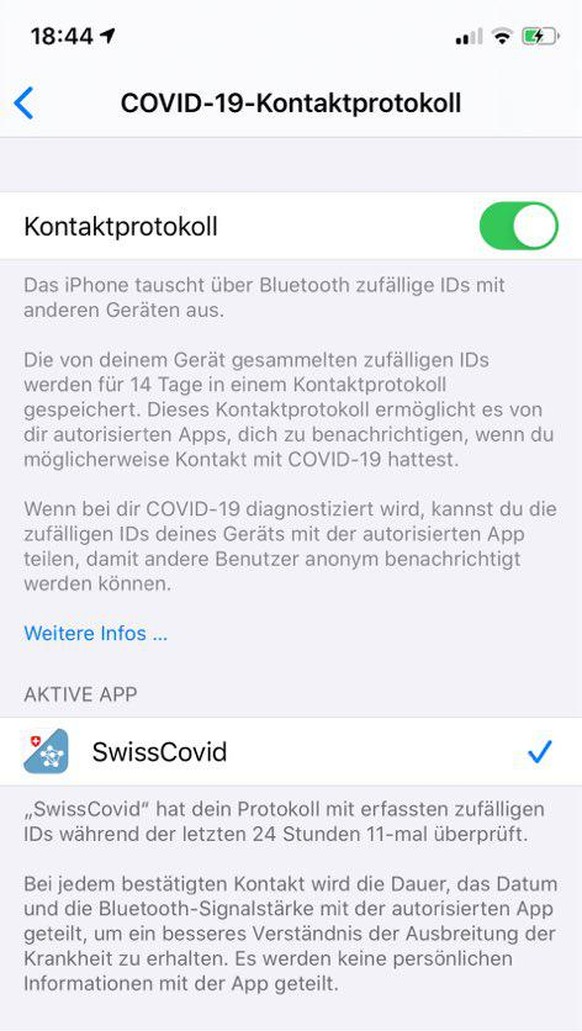 Der App-Entwicklerchef von DP-3T, Mathias Wellig, hat den Screenshot am Mittwoch veröffentlicht.