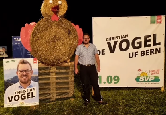 Wahlen 2023: Wahlkampfplakat Christian Vogel, SVP, St.Gallen, gesehen auf dem Ricken