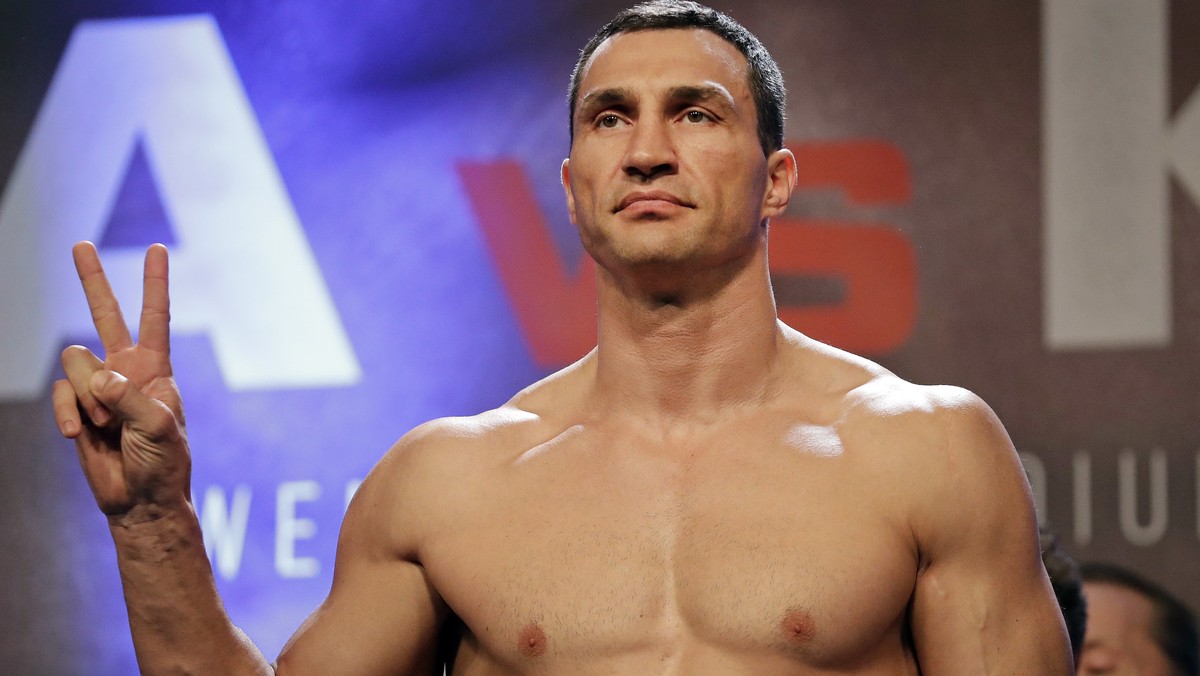 FILE - In this file photo taken on Friday, April 28, 2017, Ukrainian 41-year-old boxer Wladimir Klitschko, gestures as he takes part in the weigh-in for his fight against Britain's Anthony Joshua ...