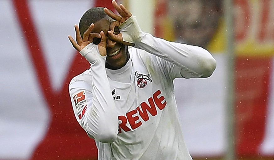 Cologne&#039;s Anthony Modeste celebrates after he scored his third goal during the German Bundesliga soccer match between 1.FC Cologne and Hertha BSC Berlin in Cologne, Germany, Saturday, March 18, 2 ...