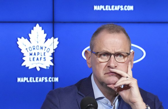 Toronto Maple Leafs general manager Brad Treliving listens during a press conference at the start of the NHL hockey team&#039;s training camp in Toronto, Wednesday, Sept. 18, 2024. (Nathan Denette/The ...