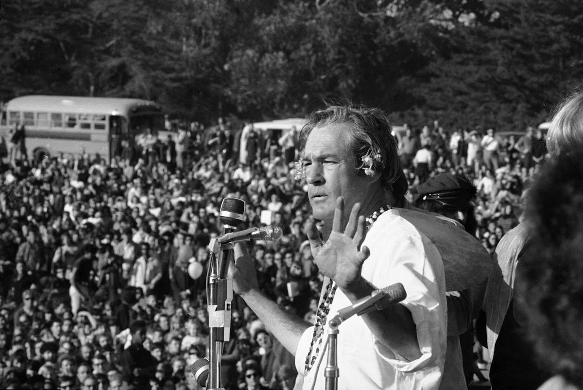 Timothy Leary addresses a crowd of hippies at the "Human Be-In" that he helped organize in Golden Gate Park, San Francisco, Calif., Jan. 14, 1967. Leary told the crowd to "Turn on, Tune ...