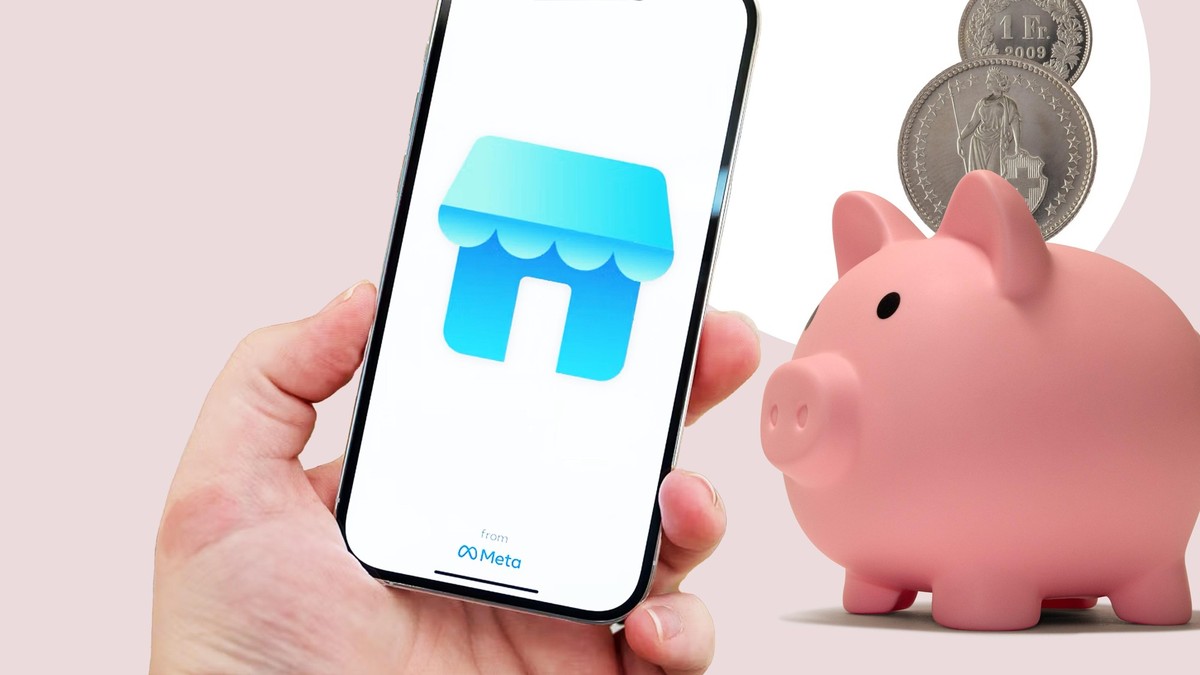 Le logo de Facebook Marketplace sur un smartphone, devant une tirelire.