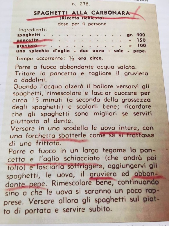spaghetti alla carbonara 1954 historisch geschichte history food kochen essen pasta italien https://www.lacucinaitaliana.it/gallery/carbonara-storia-ricetta-la-cucina-italiana-1954/#:~:text=La%20coper ...