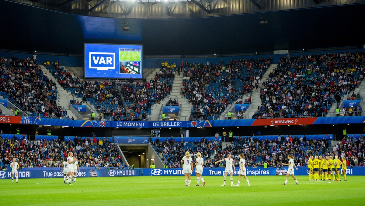 epa07661746 The screen displays a Var decision during the FIFA Women's World Cup 2019 group F match between Sweden and USA in Le Havre, France, 20 June 2019. EPA/PETER POWELL .