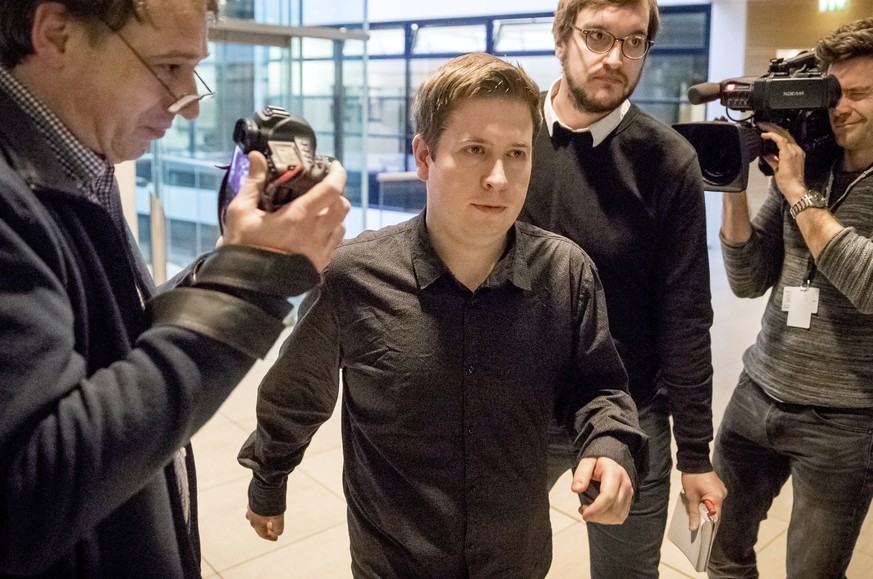 Kevin Kuehnert, leader of the Young Socialists, arrives to a press conference at the SPD headquarters (Willy-Brandt-Haus) in Berlin, Germany, Thursday, Jan. 18, 2018. The Social Democrats are discussi ...