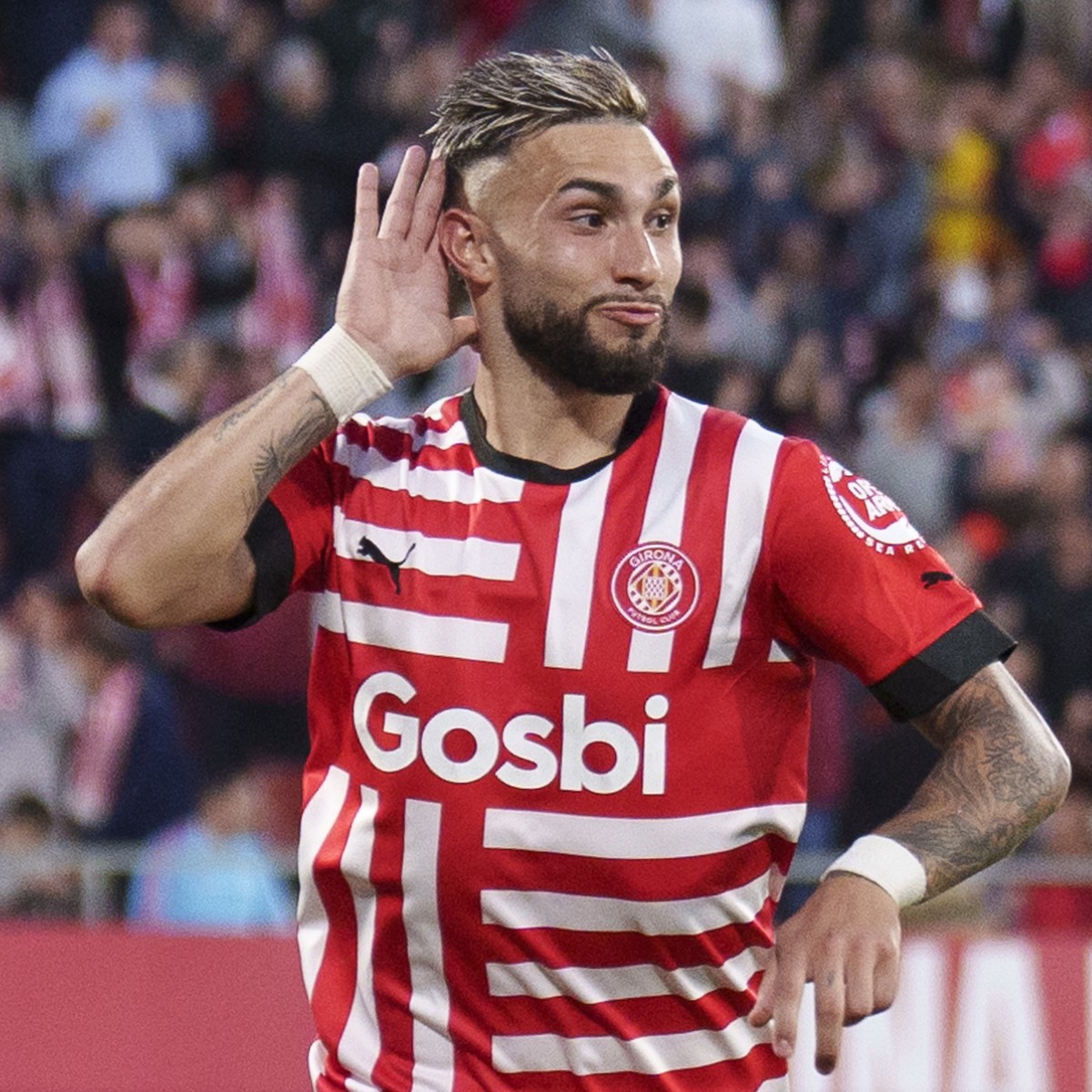 epa10591335 Girona's Argentinian striker Valentin 'Taty' Castellanos celebrates after scoring the 3-1 goal during the Spanish LaLiga soccer match between Girona FC and Real Madrid, in G ...