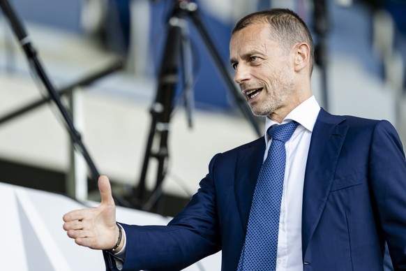 UEFA President Aleksander Ceferin reacts during the UEFA Youth League final soccer match between Club Brugge (Belgium) and Real Madrid (Spain) at the stade de la Tuiliere stadium, in Lausanne, Switzer ...