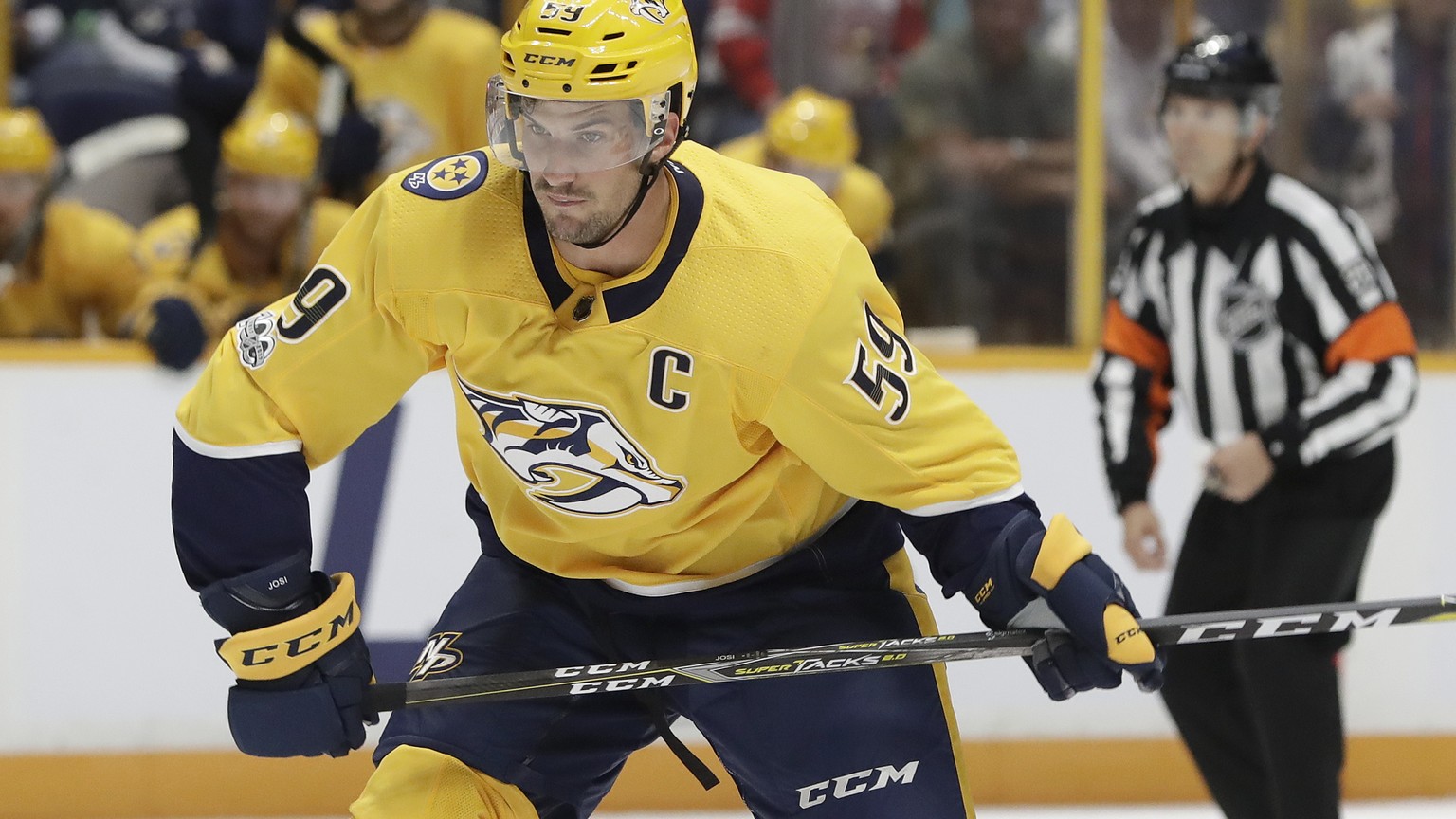 Nashville Predators defenseman Roman Josi, of Switzerland, winds up to shoot against the Florida Panthers during the second period of the second game in an NHL hockey preseason doubleheader Tuesday, S ...