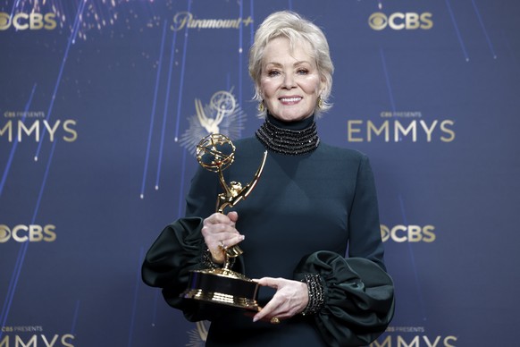epa12378269 US actor Jean Smart poses with the Best Actress in a Comedy Series award for Hacks, poses with their award in the press room during the 77th annual Emmy Awards ceremony held at the Peacock ...