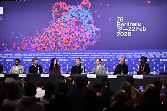 epa12751256 (L-R) Avi Nash, Sam Hazeldine, Julia Jones, Ethan Hawke, Austin Amelio, Padraic McKinley, and Jacqueline Nsiah attend a press conference for 'The Weight' during the 76th Berlin I ...