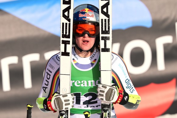 Germany's Emma Aicher reacts at the finish area during a women's World Cup super-G race, in Soldeu, Andorra, Saturday, Feb. 28, 2026. (AP Photo/Marco Trovati)
Ester Ledecka