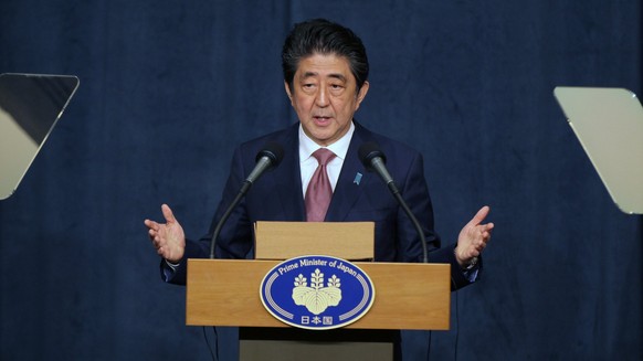 epa06704362 Japan&#039;s Prime Minister Shinzo Abe speakes during a press coneferance in Amman, Jordan, 01 May 2018. Japanese Prime Minister Shinzo Abe arrived in Jordan coming from the UAE as part of ...