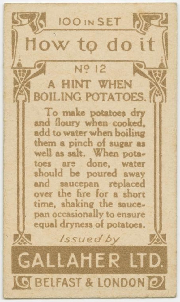 Gallaher-Lifehacks: Wie man Kartoffeln kocht
https://digitalcollections.nypl.org/items/510d47e4-7b94-a3d9-e040-e00a18064a99