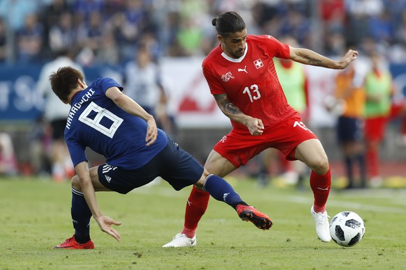Switzerland&#039;s Ricardo Rodriguez, right, in action against Japan&#039;s Genki Haraguchi, during an international friendly soccer match in preparation for the upcoming 2018 Fifa World Cup in Russia ...