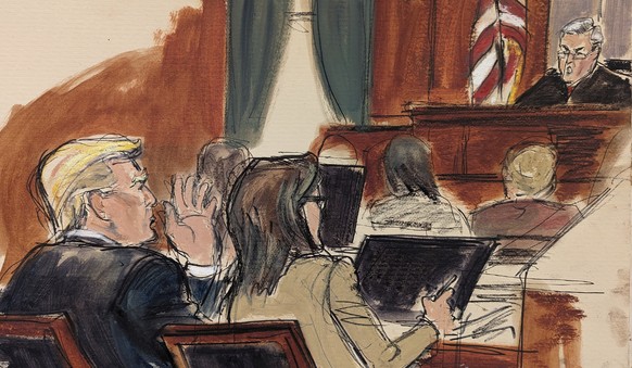 In this courtroom sketch, former Donald Trump, seated left, with his defense attorney Alina Habba, is admonished by Judge Lewis Kaplan, in Federal Court, Wednesday, Jan. 17, 2024. in New York. Trump w ...