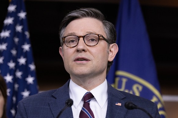 epa11310895 US Speaker of the House Mike Johnson joins other House Republicans at a news conference regarding university protests, on Capitol Hill in Washington, DC, USA, 30 April 2024. US House Repub ...