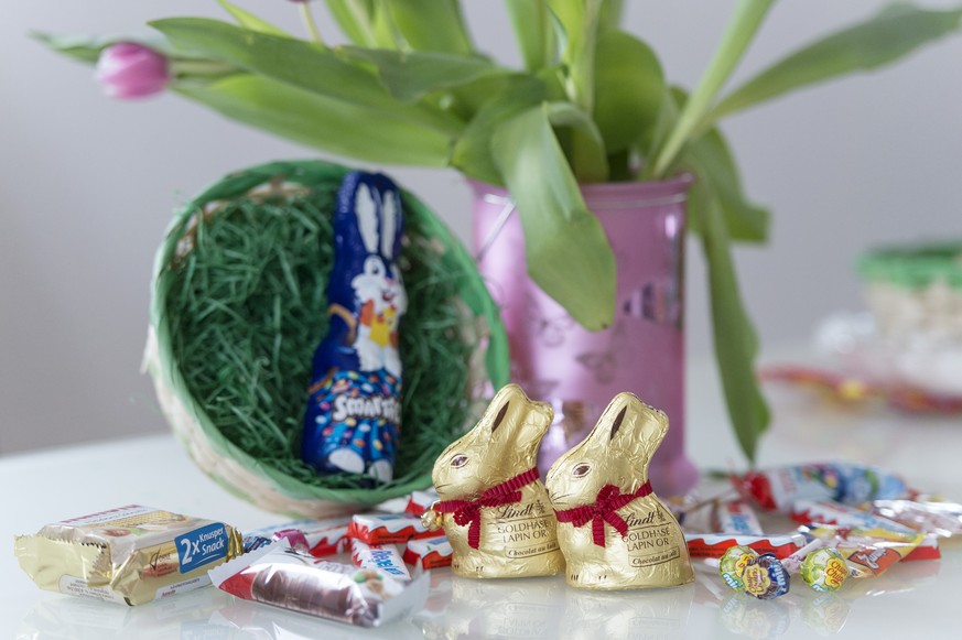 Osterhase, Suessigkeiten und Nest liegen bereit, um ein Osternest fuer Ostern zu basteln, am Freitag, 30. Maerz 2018, in Feuerthalen. (KEYSTONE/Melanie Duchene)