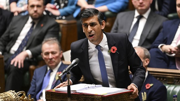 In this handout photo provided by UK Parliament, Britain&#039;s Prime Minister Rishi Sunak speaks during Prime Minister&#039;s Questions in the House of Commons in London, Wednesday, Nov. 2, 2022. (Je ...