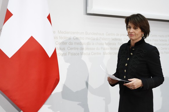 Swiss Federal President Doris Leuthard attends a press conference in Bern, Switzerland, Thursday, December 21, 2017. The European Commission approved the recognition of equivalence for the Swiss Stock ...