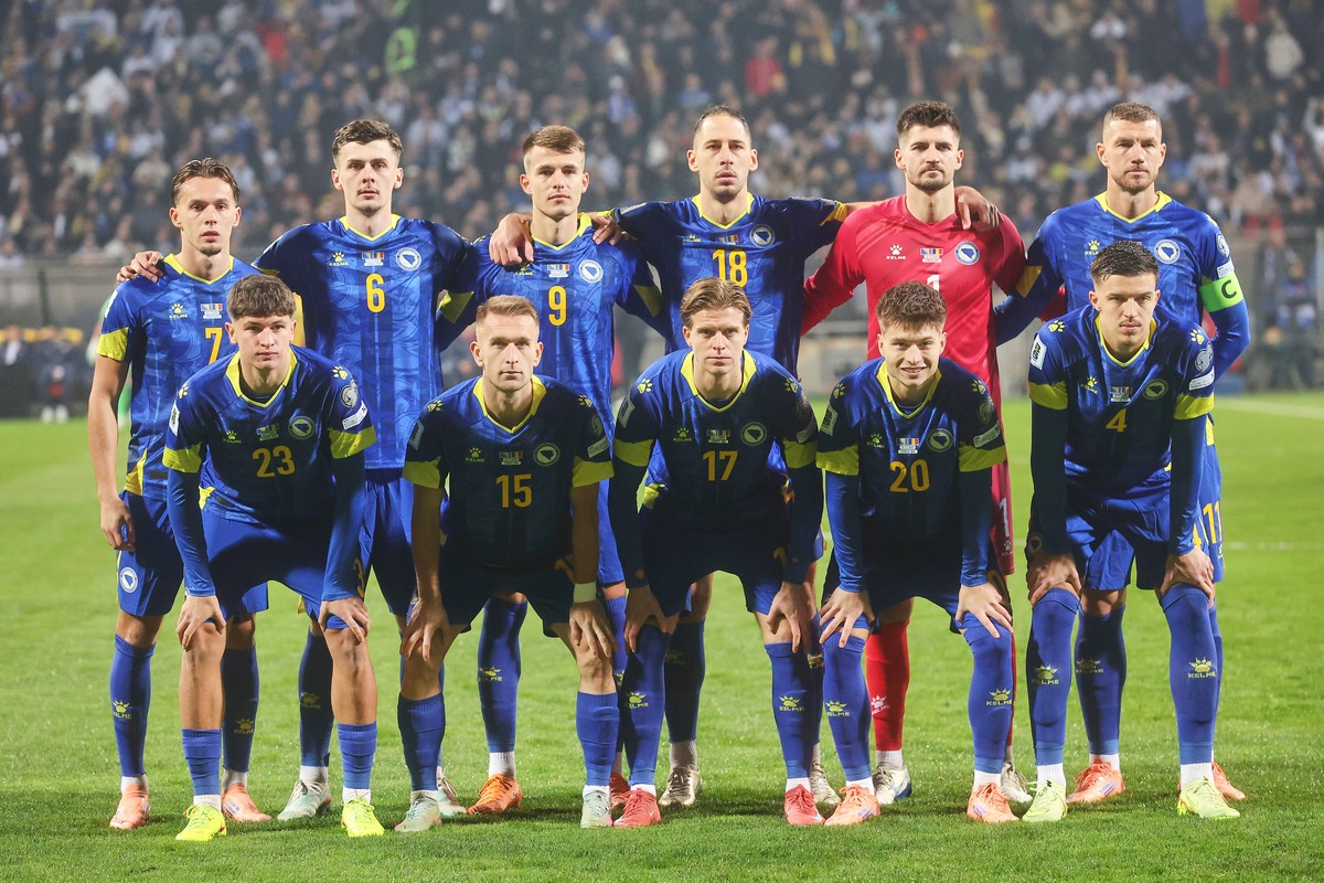 FILE - Bosnia's team players pose for a picture before the 2026 World Cup Group H qualifier soccer match between Bosnia and Romania in Zenica, Bosnia and Herzegovina, Saturday, Nov. 15, 2025. (AP ...