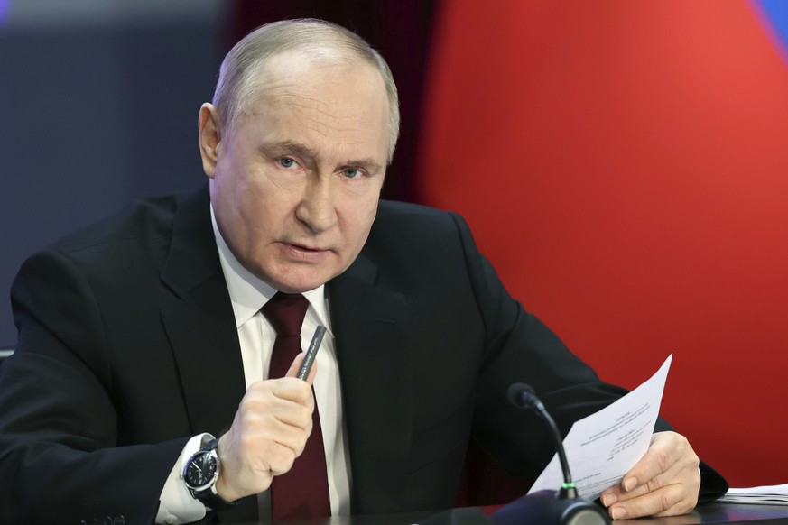 FILE - Russian President Vladimir Putin speaks at the annual meeting of Russian Interior Ministry Board in Moscow on April 2, 2024. After securing another term in a preordained election in March, Puti ...