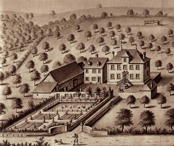 Die Zeichnung vom Basler Emanuel Büchel, aus dem Jahr 1750 zeigt Jan van Brügges Anwesen mit dem hübschen Entenweiher in Gundeldingen.&nbsp;