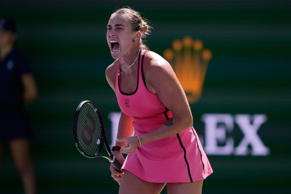 Aryna Sabalenka, of Belarus, reacts after winning a point against Elena Rybakina, of Kazakhstan, during a final match at the BNP Paribas Open tennis tournament Sunday, March 15, 2026, in Indian Wells, ...