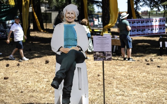 epa11645460 A life-size cardboard image of Canadian-Israeli peace activist Vivian Silver, killed in the 2023 Hamas-led attack on Israel, is displayed at the &#039;October 7 Square&#039; in Johannesbur ...