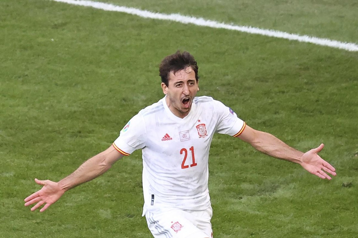 Spain's Mikel Oyarzabal celebrates after scoring his team's fifth goal during the Euro 2020 soccer championship round of 16 match between Croatia and Spain, at Parken stadium in Copenhagen,  ...