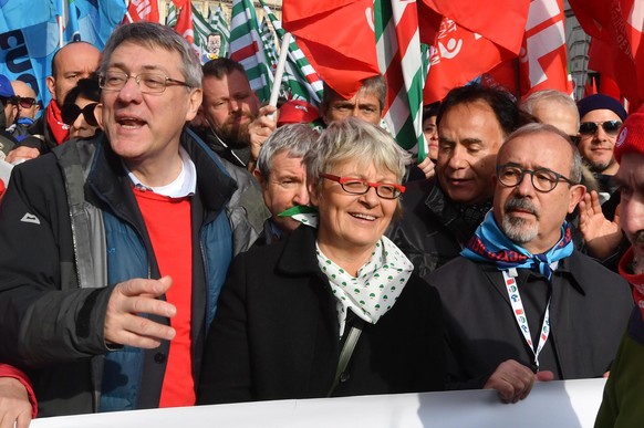 epa07355052 From L-R trade union leaders General Secretary Maurizio Landini of CGIL, Annamaria Furlan of CISL, and Carmelo Barbagallo of UILA participate in the national trade union demonstration of C ...