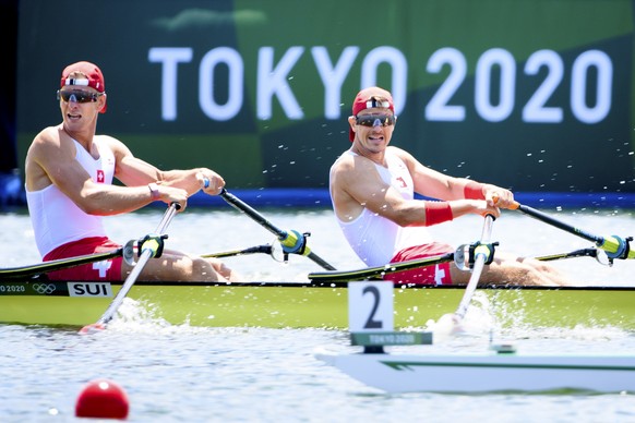 Swiss rowers Barnabe Delarze and Roman Roeoesli compete in the men&#039;s rowing double sculls heat at the 2020 Tokyo Summer Olympics in Tokyo, Japan, on Friday, July 23, 2021. (KEYSTONE/Laurent Gilli ...