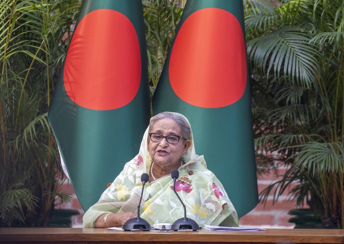 epa11526982 (FILE) Bangladesh Prime Minister Sheikh Hasina addresses a meeting with foreign observers and journalists in Dhaka, Bangladesh, 08 January 2024 (reissued 05 August 2024). Dhaka authorities ...
