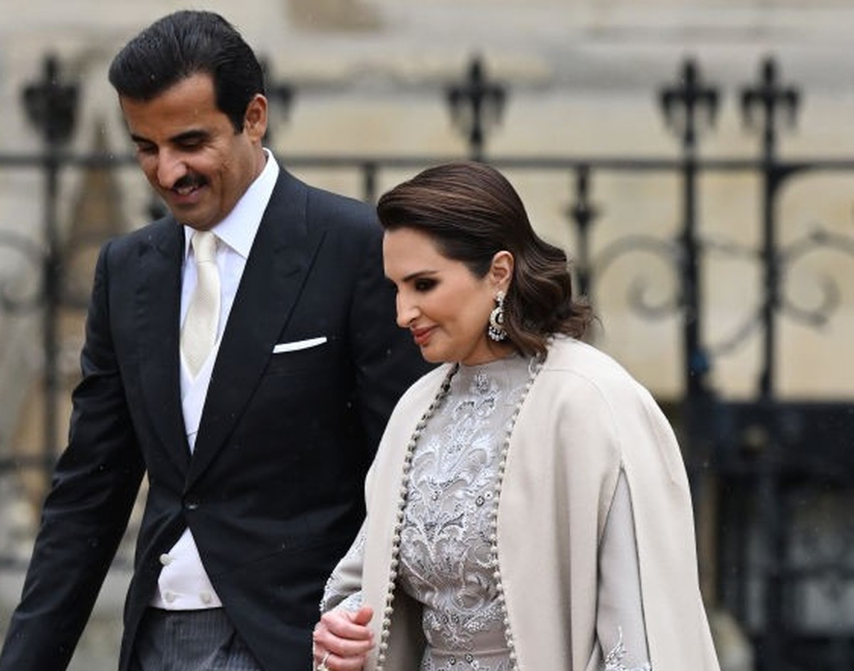 LONDON, ENGLAND - MAY 06: Tamim bin Hamad Al Thani and Jawaher bint Hamad bin Suhaim Al-Thani attend the Coronation of King Charles III and Queen Camilla on May 06, 2023 in London, England. The Corona ...