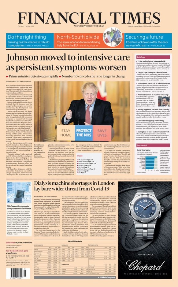 Britische Zeitungen am Tag, nach dem Premierminister Boris Johnson auf die Intensivstation verlegt wurde.